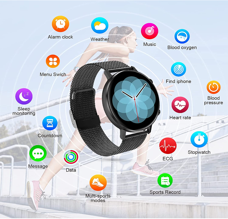 Smartwatch With 1.3 Inch HD Touch Screen by DTNO.I, IP68 Fitness Watch with Pedometer, Heart Rate Monitor, Sleep Monitor, Compatible Android/iOS (Black)