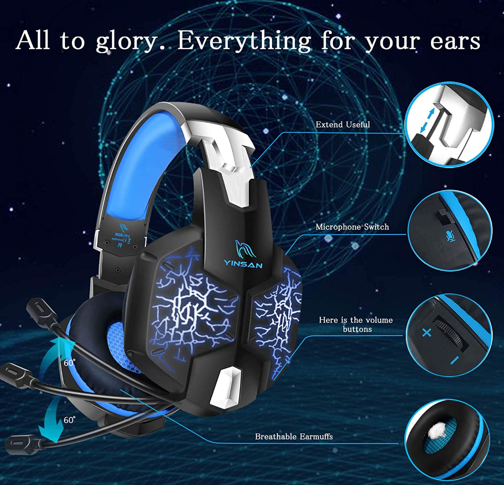 Gaming Headset for PS4, PS4 PS5 Over Ear Headphones BY YINSAN TM5 with Mic, RGB LED Audio 3.5mm Cable and Volume Control, Gaming Headset for Xbox One, Nintendo Switch, PC, Mac, Laptop, Smartphone Blue