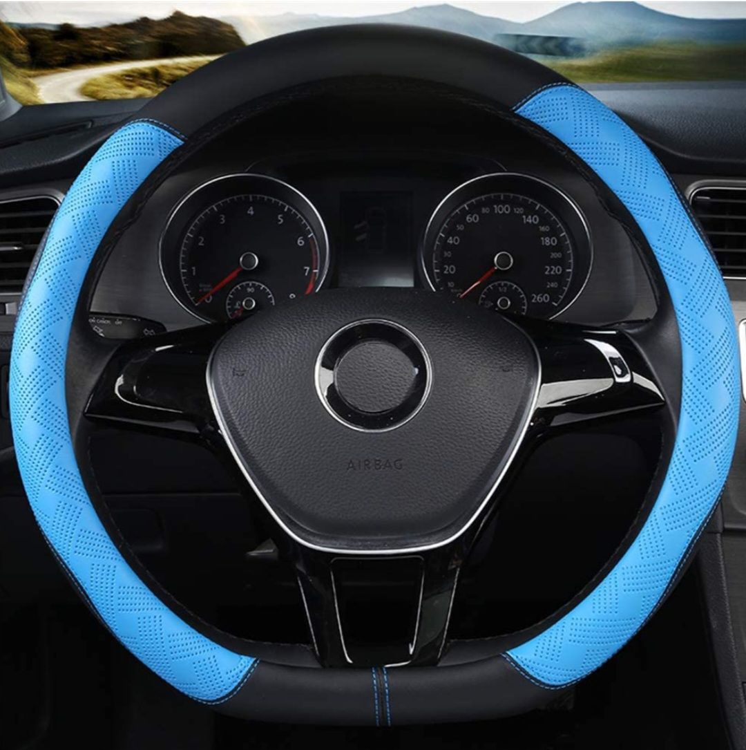 Car Steering Wheel Cover D Shape Microfibre Leather for Diameter 38 cm (15 inches) Universal Non-Slip Breathable for Men and Women (Blue)