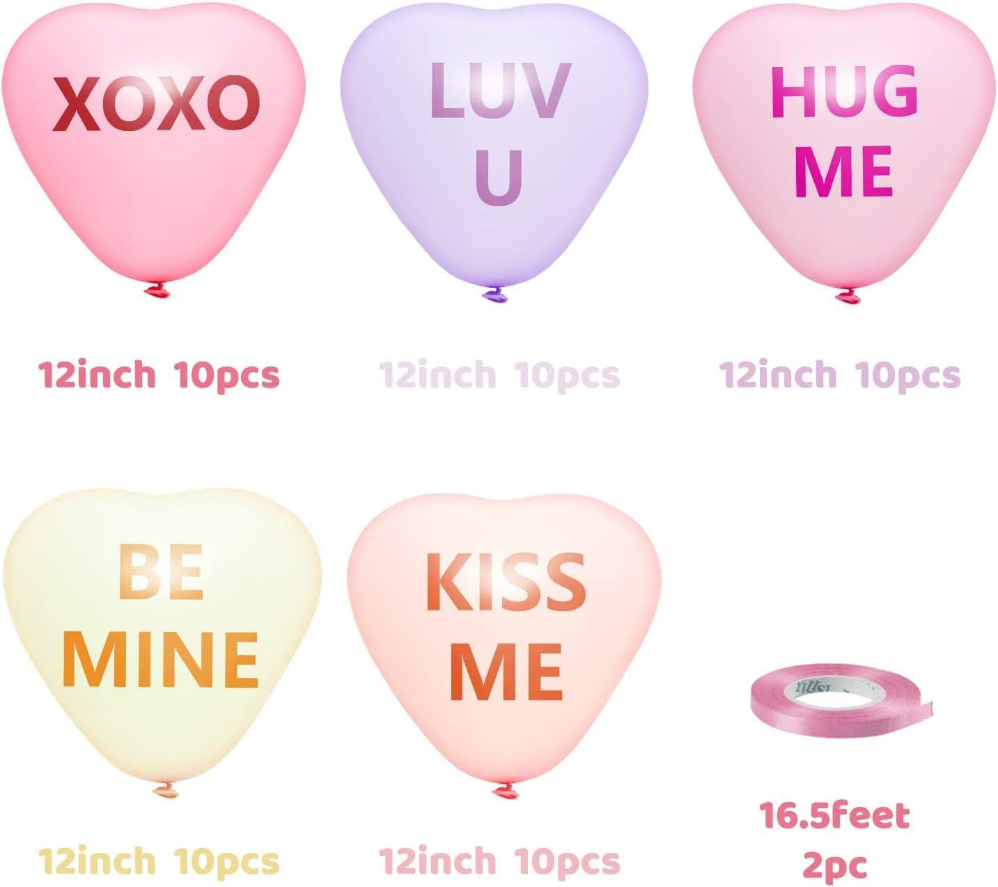 Pack of 52 Love Heart Shape Balloon Candy Colour Sweet Conversation Balloons for Celebration Valentine's Day XOXO LUV U BE MINE KISS ME Banner Decoration Marriage Proposal Anniversary Wedding, Pack of 52