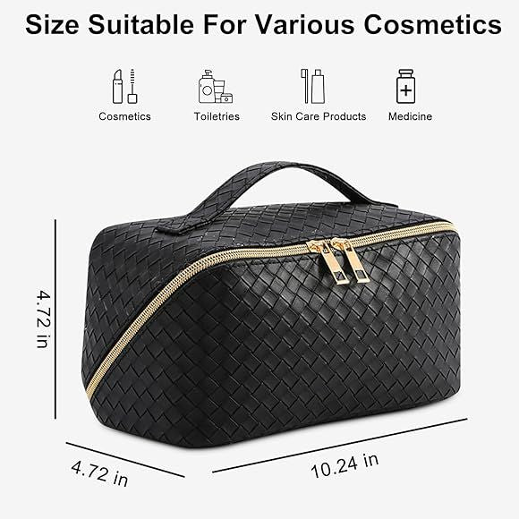 Women's Large Capacity Cosmetic Bag, Multifunctional Leather Travel Cosmetic Bag, Pencil Case, Cosmetic Travel Bag, Waterproof Travel Makeup Bag with Compartments, E-black, Fashion