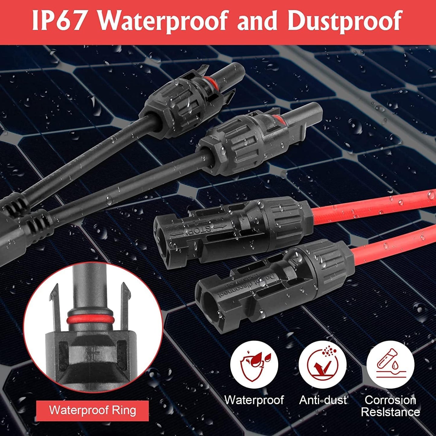 Solar Panel Cable Y-Splitter (1 to 2) Solar PV Parallel Adapter MMF+FFM Solar Cable Supports 30A High Current for Parallel Photovoltaic Connection (2 Pairs)