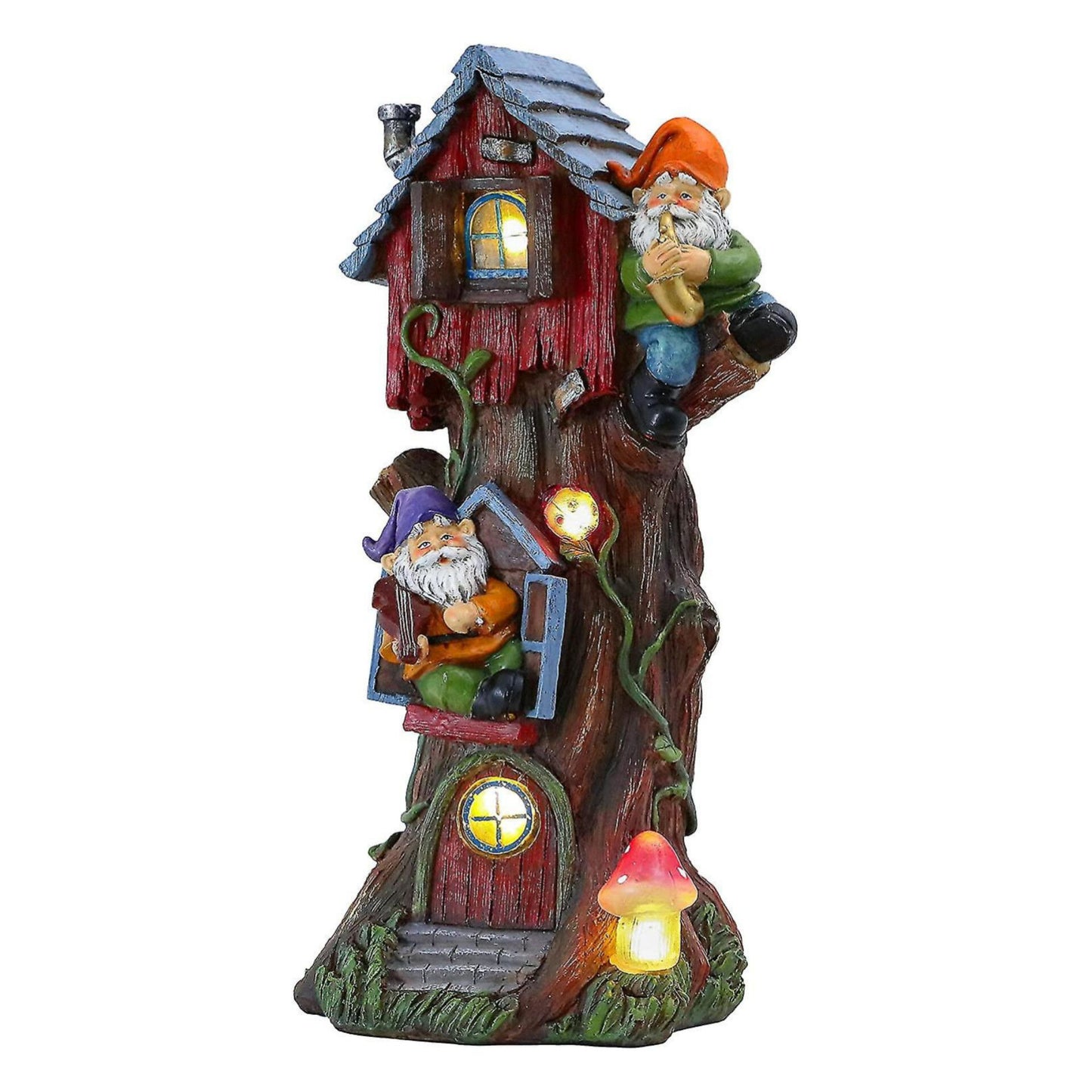 Large Solar Garden Ornaments Outdoor, Tree Fairy House With Garden Gnome Waterproof Garden Statues For Garden Gifts, 37cm Tall