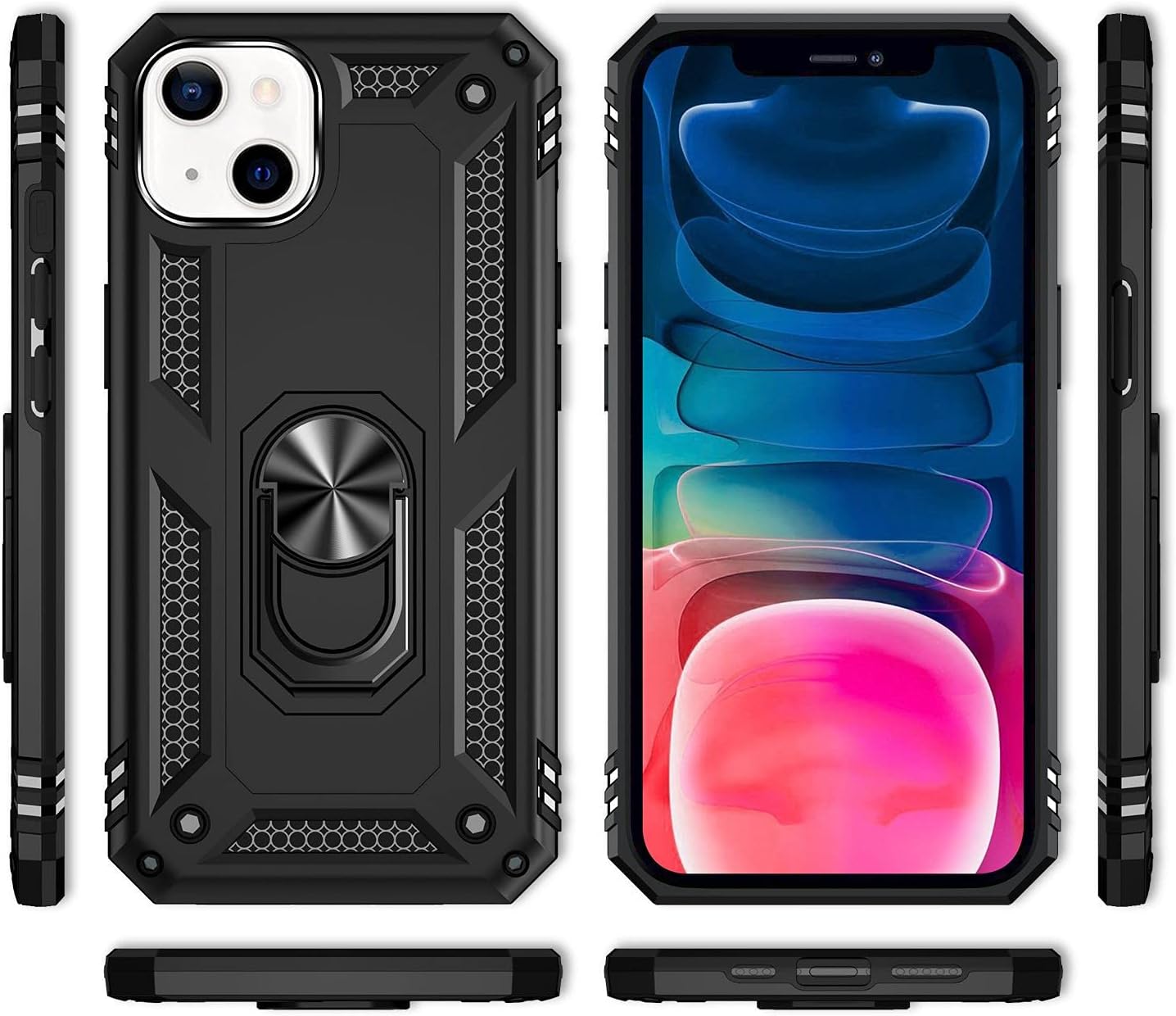 Military-Style Ring Case Compatible with iPhone 13 Mini Case, Extremely Protective Shockproof Robust Outdoor Case, 360° Ring for Stand Function & Car Holder, Hard Case & Silicone Cover