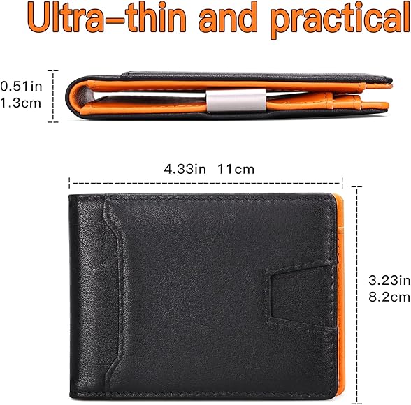 Men's Wallet with Money Clip and 7 Card Slots Slim Small Wallet Men's RFID Protection Genuine Leather Credit Card Holder, Black with orange, Fashionable