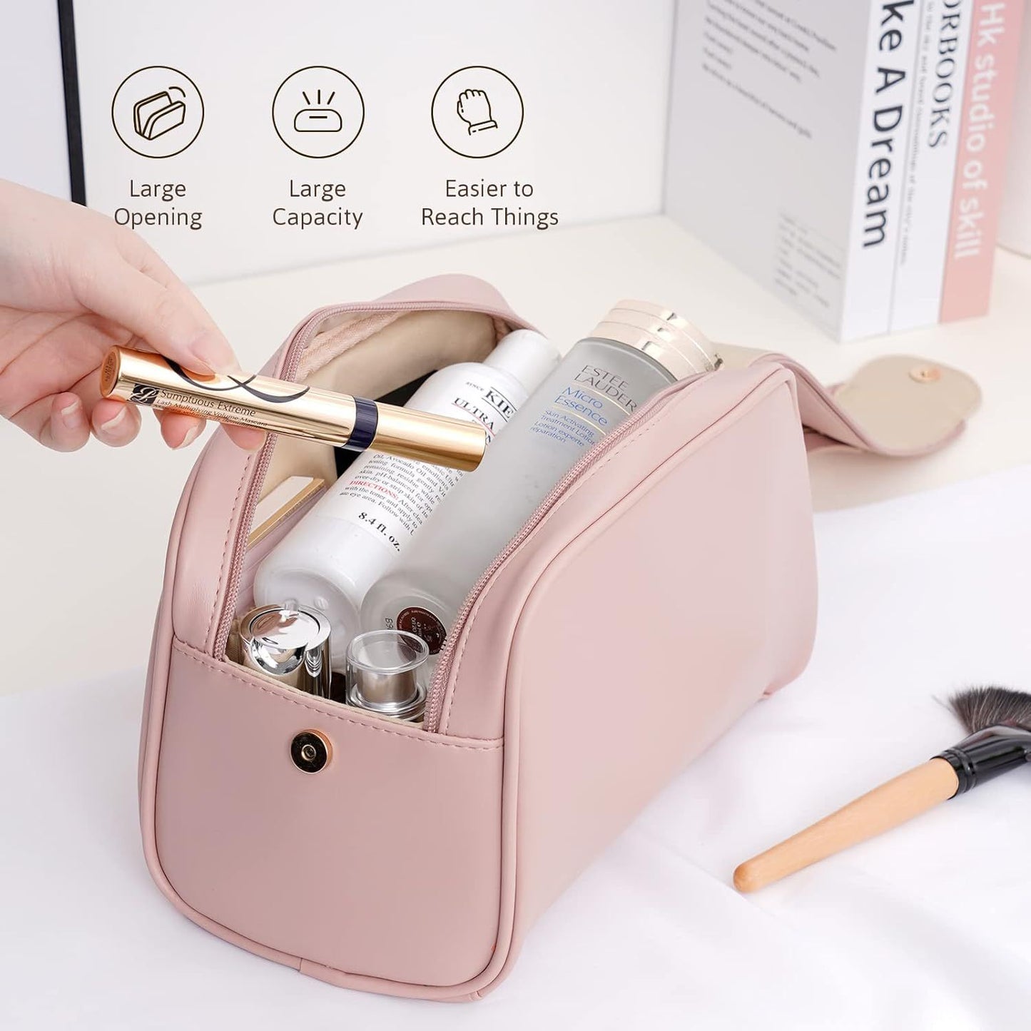 Cosmetic Bag Portable Cosmetic Bag Travel Toiletry Bag Leather Waterproof Cosmetic Travel Bag with Zip Cosmetic Portable Makeup Bag Pink, pink, portable cosmetic bag