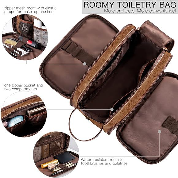 Men's Toiletry Bag, Polyurethane (PU) Leather, Large Waterproof Travel Toiletry Bag, Wash Bag, Cosmetic Bag with a Wet and Dry Bag Leather, dark brown