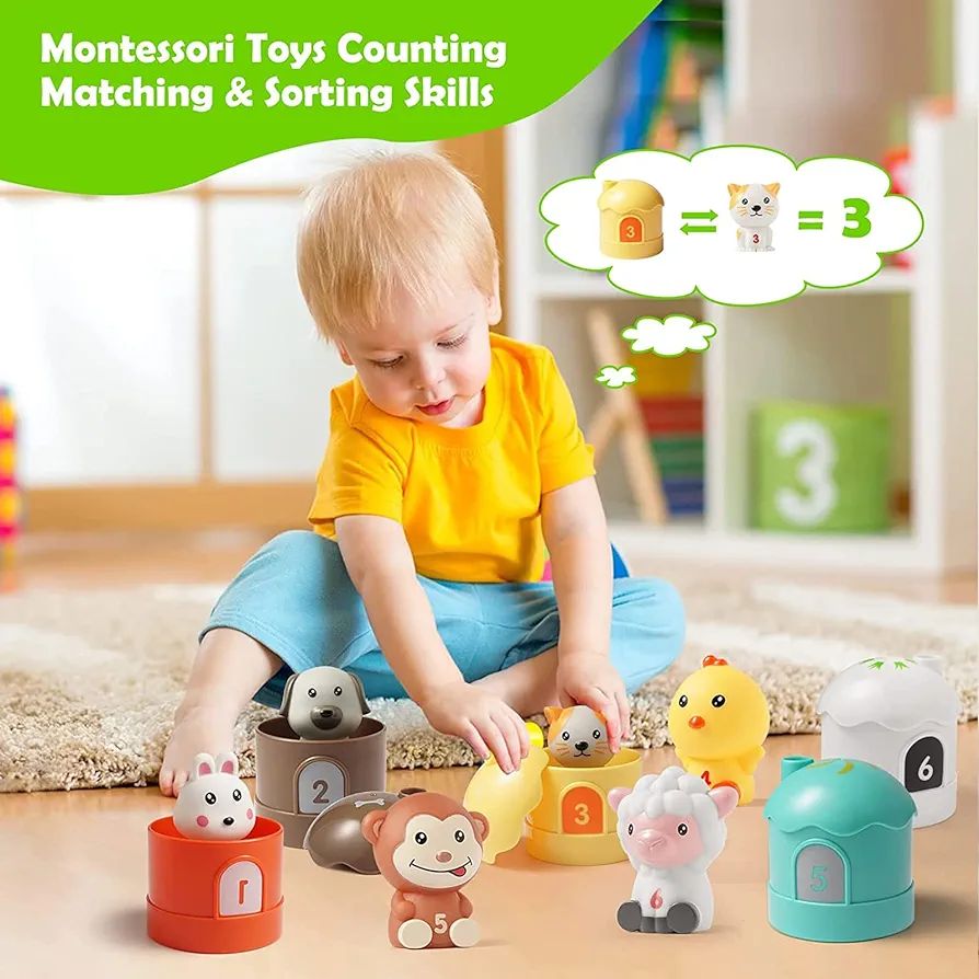 Montessori Toy from 1 Year, Farm Toy Learning Toy with Finger Puppets for Toddlers, Counting Suitable Colour Sorting Stacking Toy Gift Boy Girl Toy from 1 2 3 Years