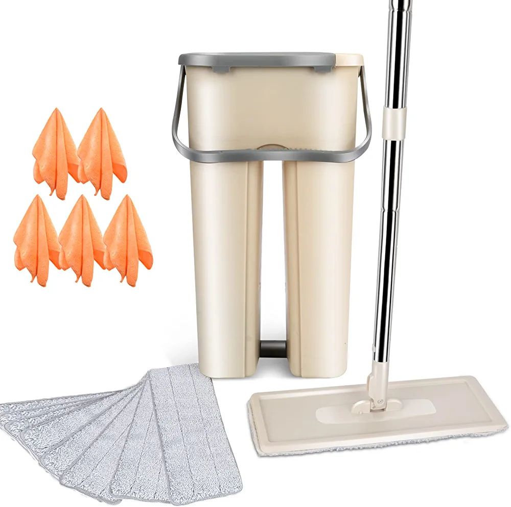 Mop Set with Bucket, 2-in-1 Flat Mop and Cleaning Bucket with 120 cm Handle, Stainless Steel, Mop Set with 8 Microfiber Pads, Mop System for Floor Cleaning, Includes 5 Microfiber Cloths