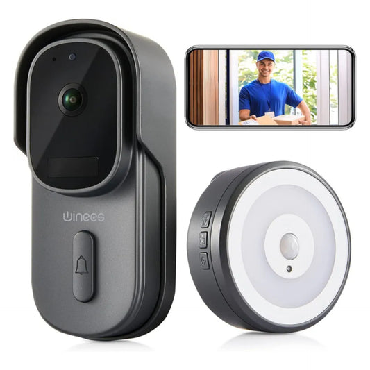 Video Doorbell Camera with Gong, winees 1080P Battery Doorbell with Camera Wireless with Alexa, WiFi Door Bell with PIR Motion Detection and Warning Message, Waterproof Video Doorbell, Night Vision