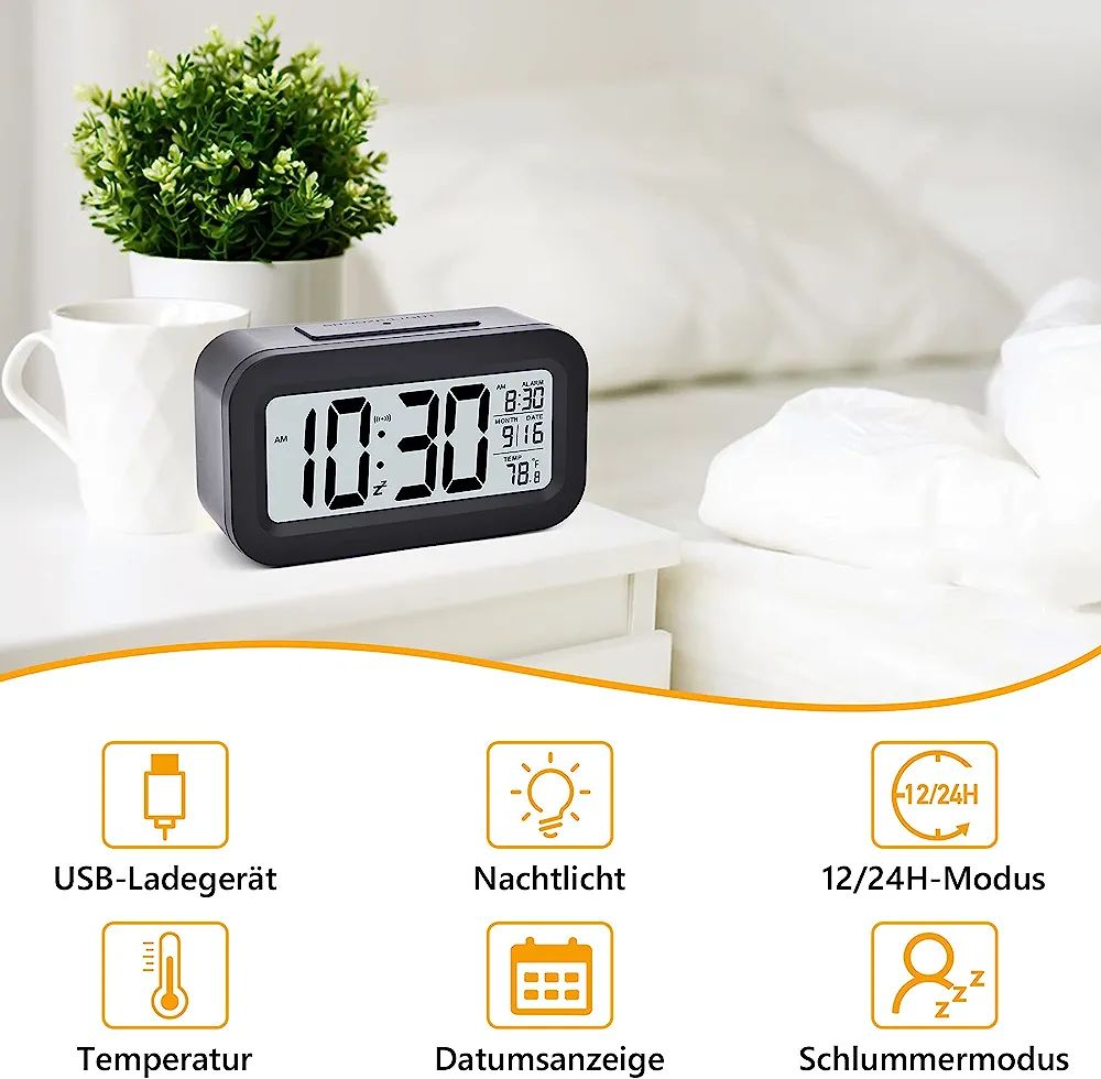 Digital Alarm Clock LED Touch Sensor Backlight With Time Temperature Date, Black