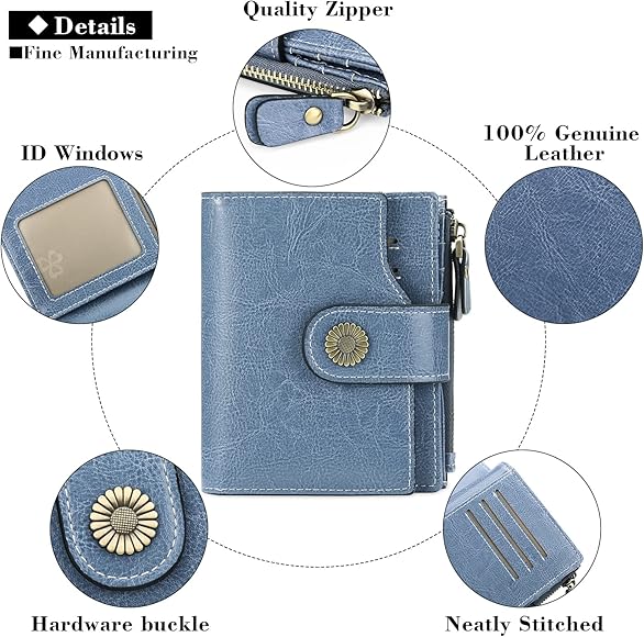 Women's Genuine Leather Bifold Compact RFID Blocking Purse Women's Purse with 16 Card Slots and 1 Zip Pocket, CC Gray Blue, Classic