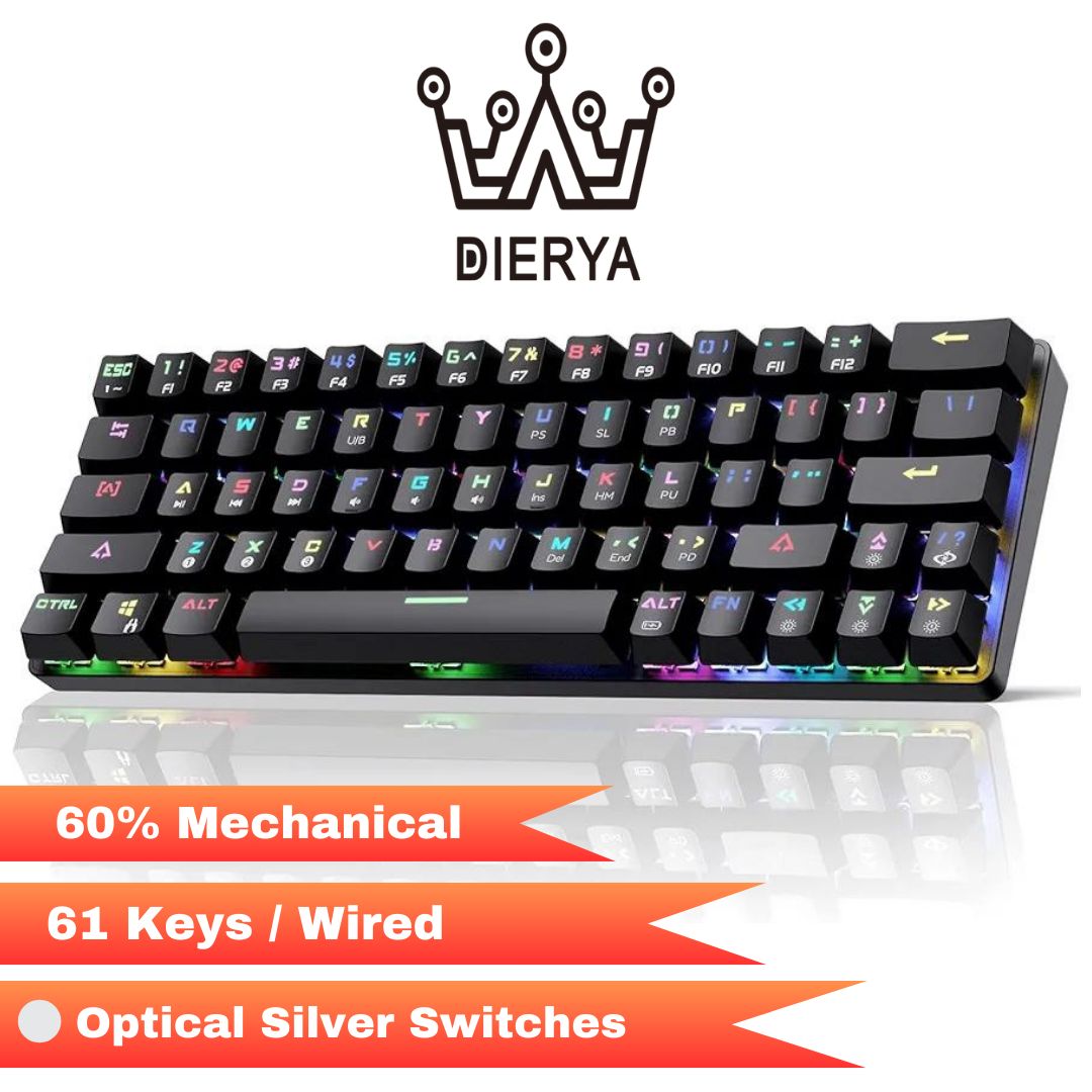 Dierya DK61E 60 % 61 Keys Mechanical Gaming Keyboard, RGB Backlit Wired polybutylene terephthalate (PBT) Keyboard Cap Waterproof Hot-Swap Capable Compact Computer Keyboard with Programmable Full Keys (Optical Silver Switch)