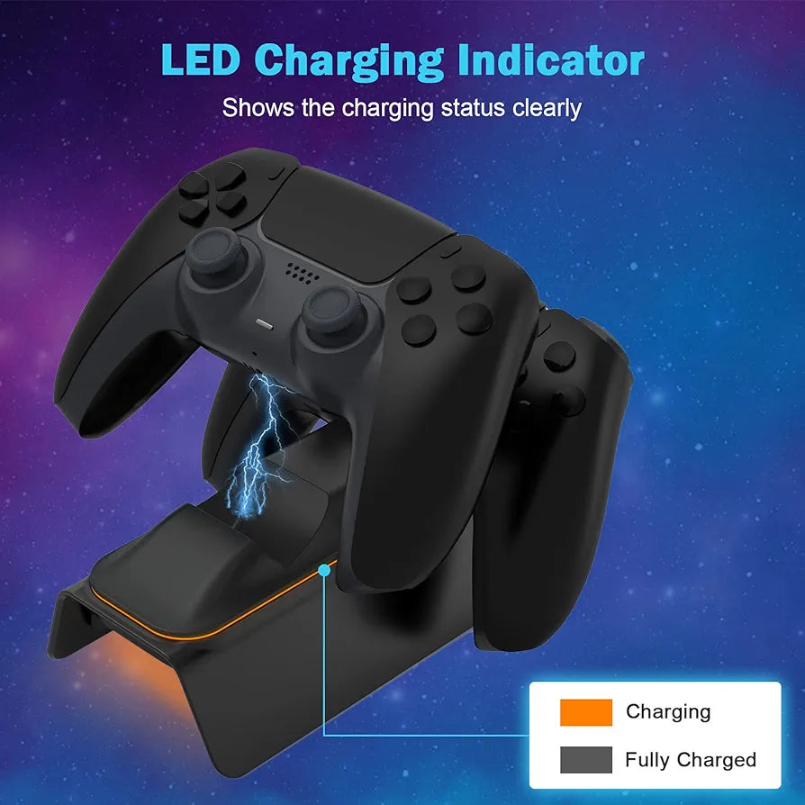 Enhanced PS5 Controller Charger with Thumb Grip Kit, Fast Charging AC Adapter, DualSense Charging Station Dock for Dual Playstation 5 Controllers with LED Indicator, Black