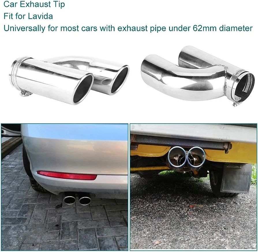 62mm Car Double & Dual, Twin Exhaust, A2008 Universal Car Exhaust Pipe, Trim Tip, Circular Oblique End, Double Out Rear Tail Throat