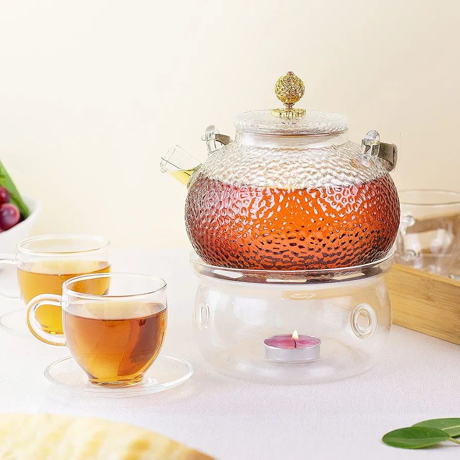 Glass Teapot with Infuser, Teapot Glass Teapot with Stove Safe, Blooming and Loose Leaf Tea Maker Set (850 ml + 6 (100 ml) + Tea Cosy)