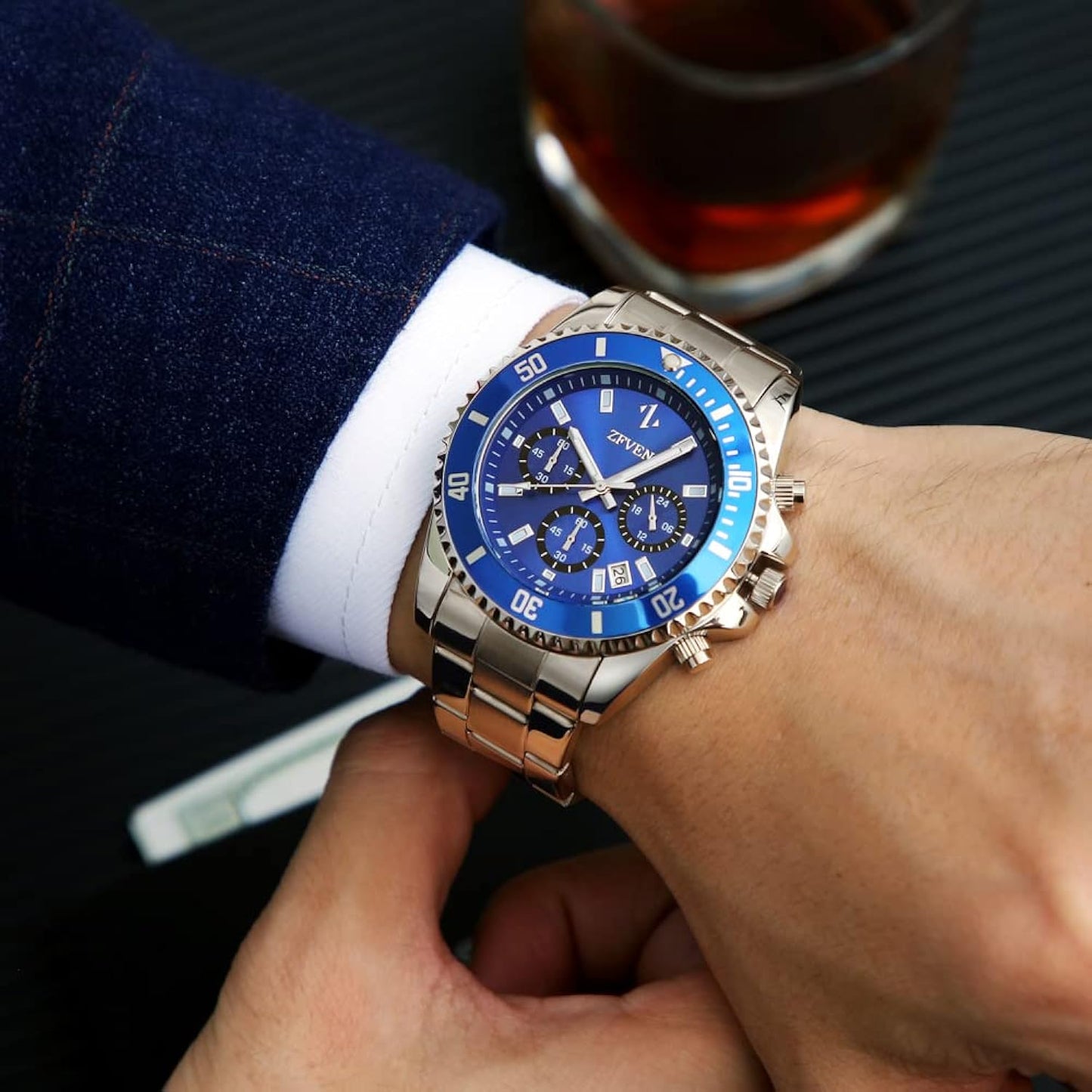 Watch for Men Chronograph Stainless Steel Luminous Gent Watches Multifunctional Fashion Business Classic Analogue Quartz Date Watches, Blue, Bracelet