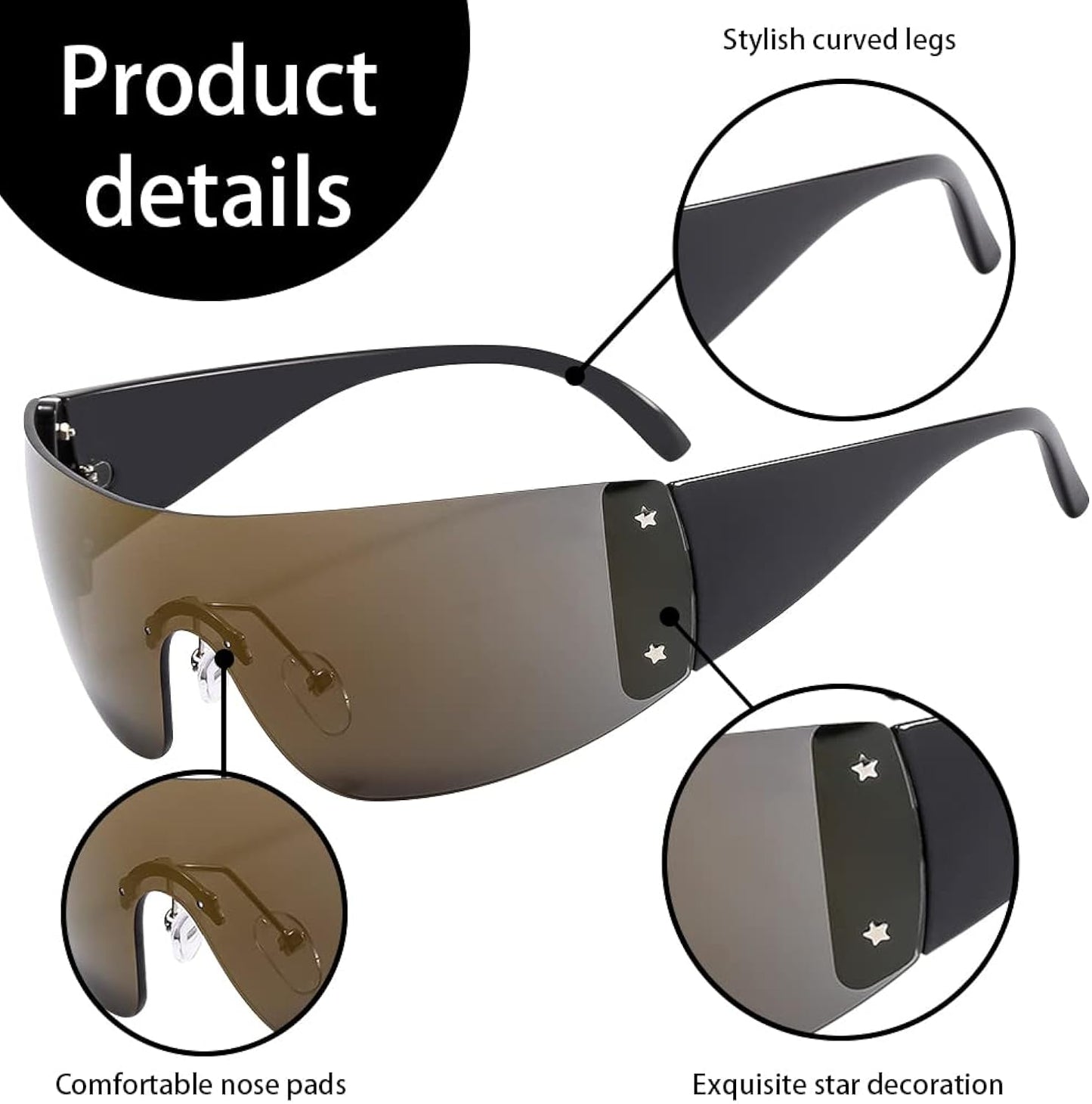 Sports Sunglasses, Cycling Glasses with Pentagram Design, UV400 Protection, Rimless Sunglasses, Suitable for Outdoor Sports for Men, Women, Cycling, Running, Golf, black