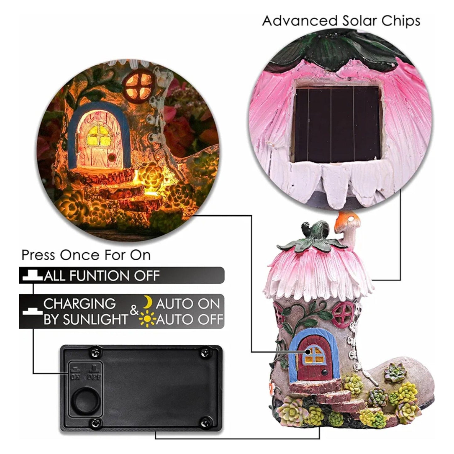 Pink Boot Fairy House Garden Ornaments with Solar Powered Lights, Waterproof Resin Garden Statue Outdoor Cottage Figurines for Patio Lawn Yard Decorations, 22.4cm, Christmas Gift