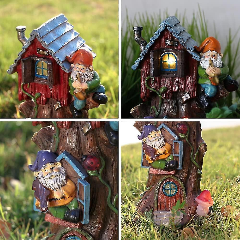 Large Solar Garden Ornaments Outdoor, Tree Fairy House With Garden Gnome Waterproof Garden Statues For Garden Gifts, 37cm Tall