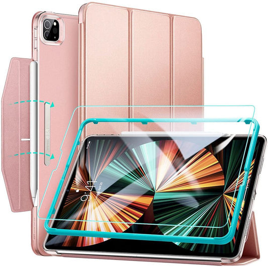 ESR Ascend Trifold Case and Tempered Glass Protector Compatible with iPad Pro 12.9 Inch, Lightweight Stand Case, Auto Sleep and Wake, Pencil Holder and Wireless Charging, Rose Pink