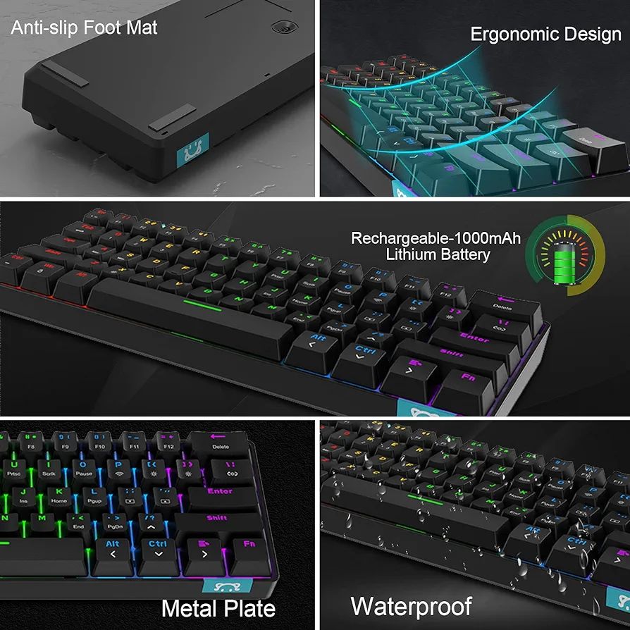 XINMENG Wireless Mechanical Keyboard, Bluetooth Wireless Keyboard, LED Backlight, Wireless Keyboard, Programmable RGB Game Keyboard, Suitable for Laptops, Macbooks, PC - Black