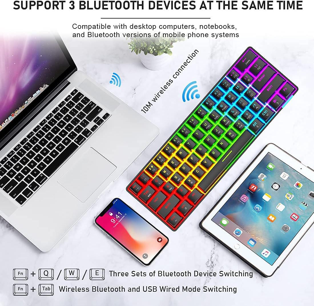 XINMENG Wireless Mechanical Keyboard, Bluetooth Wireless Keyboard, LED Backlight, Wireless Keyboard, Programmable RGB Game Keyboard, Suitable for Laptops, Macbooks, PC - Black