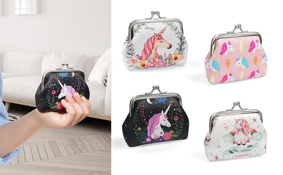 Mini Purse Women's Cute Coin Bag for Girls, Unicorn Pattern Small Purse, White, Coin Purse, Pack of 4