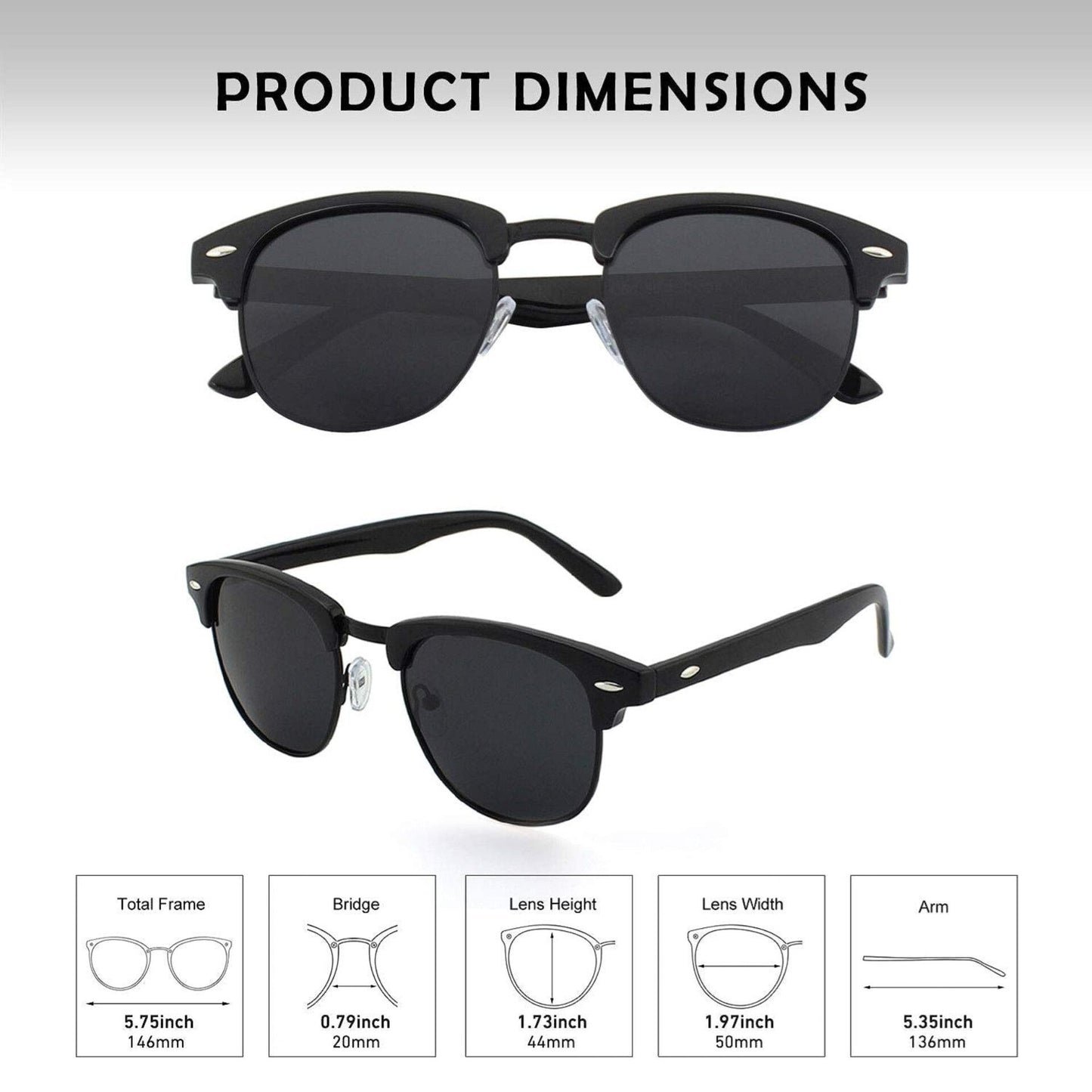 Classic Horn Rimmed Semi Rimless Polarized Sunglasses Men Womens, Black