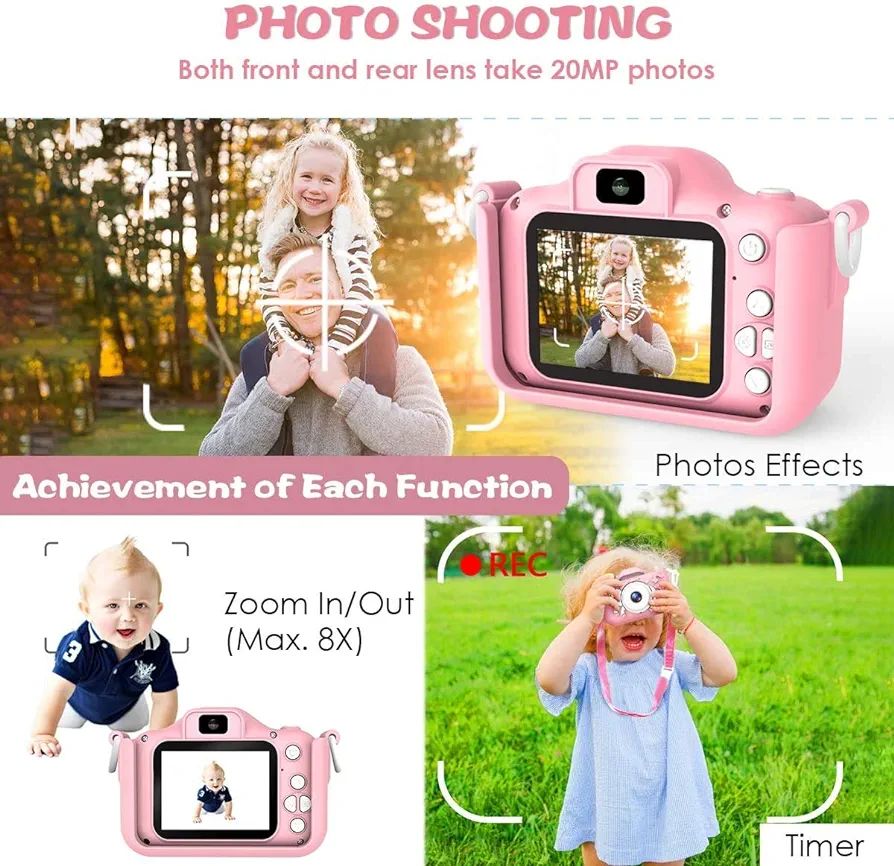 Children's Digital Camera, 20MP, 1080P HD, Double Lens, Selfie Camera, 8X Zoom, Automatic Shut-Off, 32GB TF Card, 2 Inch Children's Camera, Pink