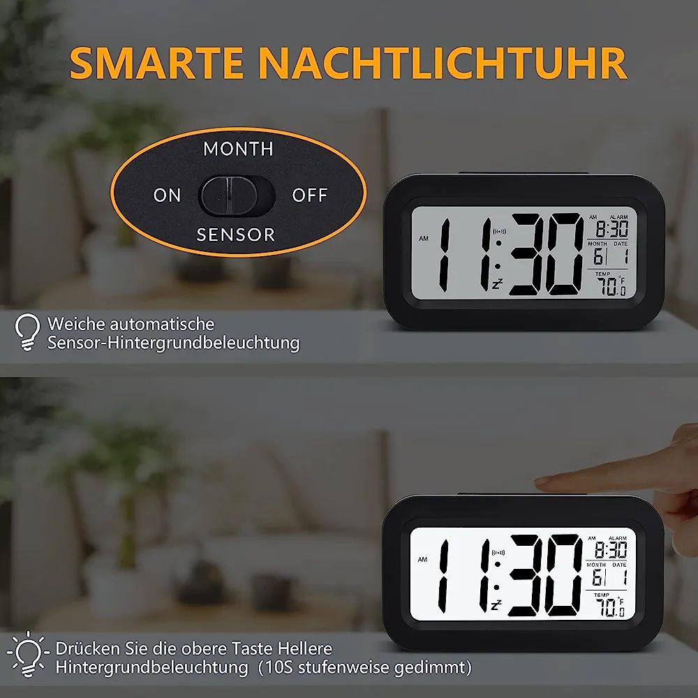 Digital Alarm Clock LED Touch Sensor Backlight With Time Temperature Date, Black