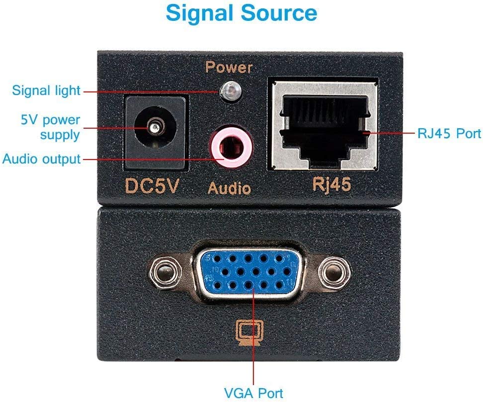 VGA Signal Extender Repeater Adapter by VKBAND VGA100 Over RJ45 Cat Cat6 Network Cable (1 Transmitter + 1 Receiver) (328ft / 100M)