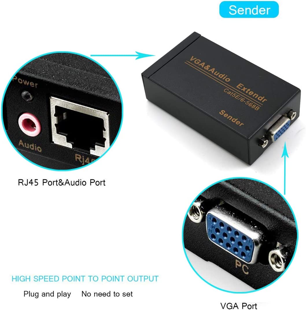 VGA Signal Extender Repeater Adapter by VKBAND VGA100 Over RJ45 Cat Cat6 Network Cable (1 Transmitter + 1 Receiver) (328ft / 100M)