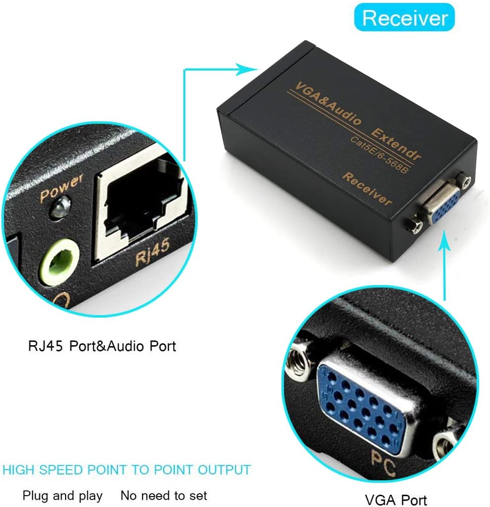 VGA Signal Extender Repeater Adapter by VKBAND VGA100 Over RJ45 Cat Cat6 Network Cable (1 Transmitter + 1 Receiver) (328ft / 100M)