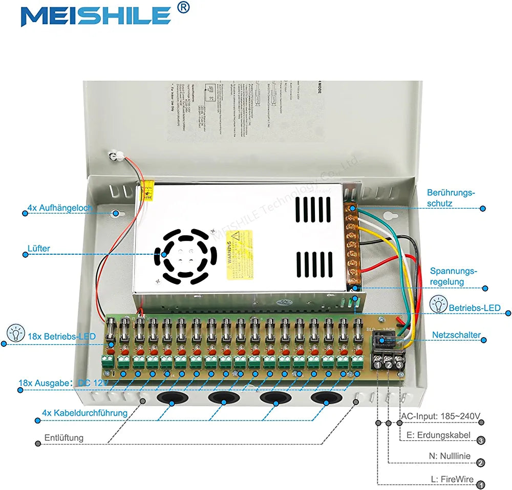 Power Supply 18 Channel 12V 2A DC 12V 30A 360W 220V AC-DC Transformer Switching Power Supply Stabilised Control Unit Box Application for CCTV Camera Video Surveillance Systems LED