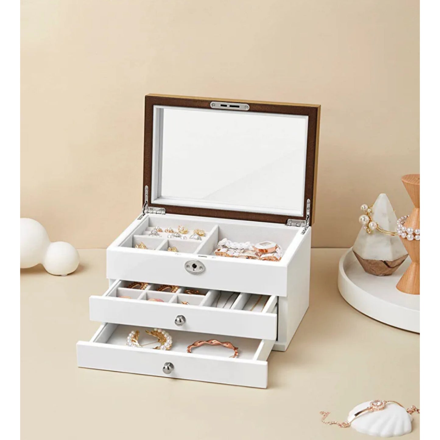 Jewellery Box by SONGMICS, 3-Tier Jewellery Organiser with Large Mirror, 2 Drawers, Lockable, Gift for Loved Ones, for Rings, Earrings, Bracelets, Necklaces, White and Wood Grain Colour JOW15WN