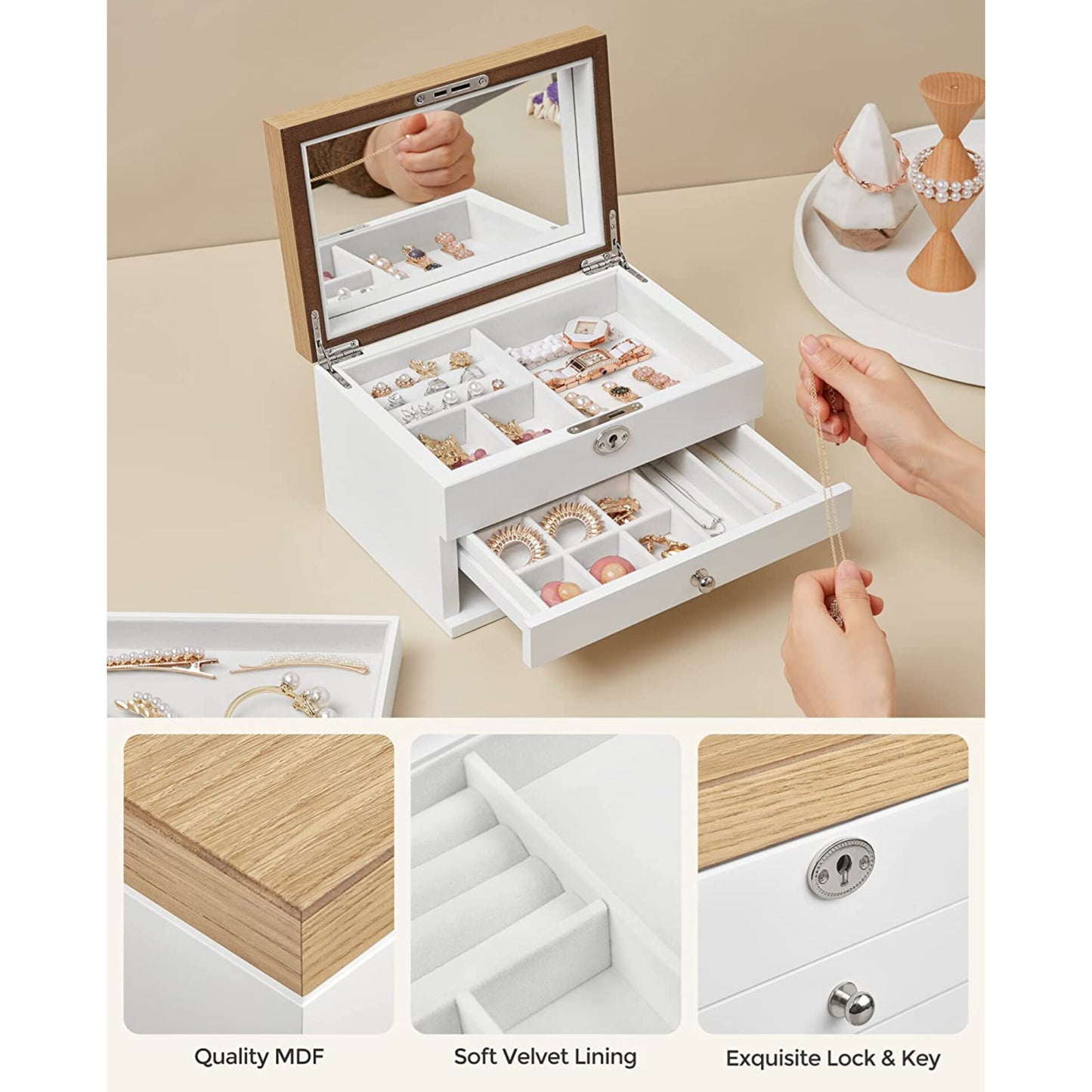 Jewellery Box by SONGMICS, 3-Tier Jewellery Organiser with Large Mirror, 2 Drawers, Lockable, Gift for Loved Ones, for Rings, Earrings, Bracelets, Necklaces, White and Wood Grain Colour JOW15WN