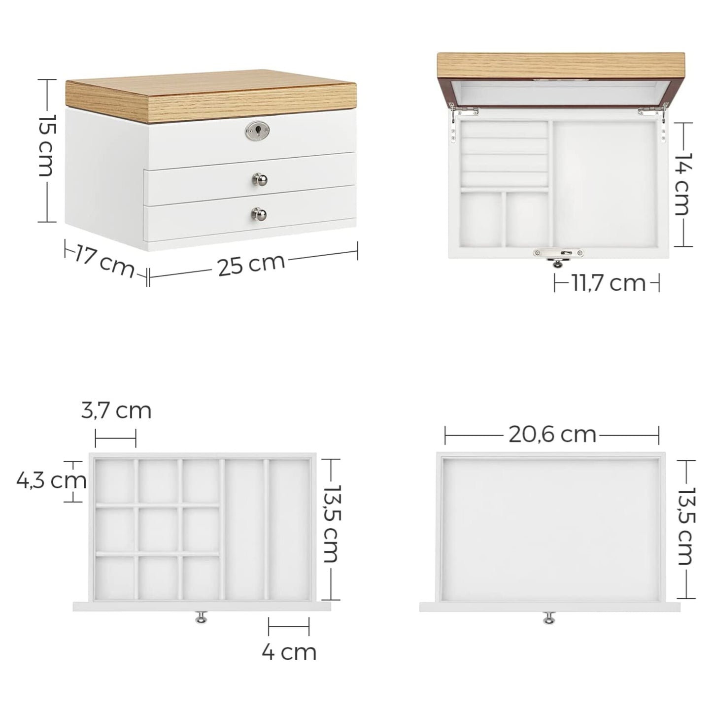 Jewellery Box by SONGMICS, 3-Tier Jewellery Organiser with Large Mirror, 2 Drawers, Lockable, Gift for Loved Ones, for Rings, Earrings, Bracelets, Necklaces, White and Wood Grain Colour JOW15WN