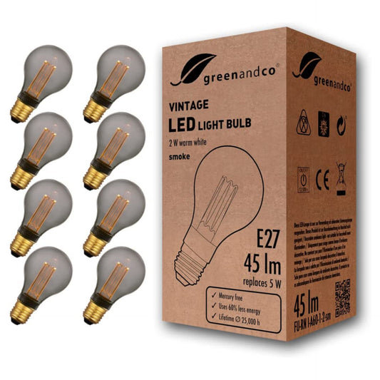 LED Bulb by greenandco E27 A60 Vintage Retro Filament Smoke Edison Style 2W 45lm 2000K 320 230V Glass Bulb, no Flicker, not dimmable, 8-Pack