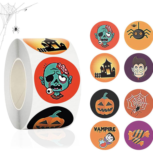 Halloween Sticker by HIUOUIH, Roll Pack of 500 Round Stickers Halloween 8 Different Patterns Pumpkin