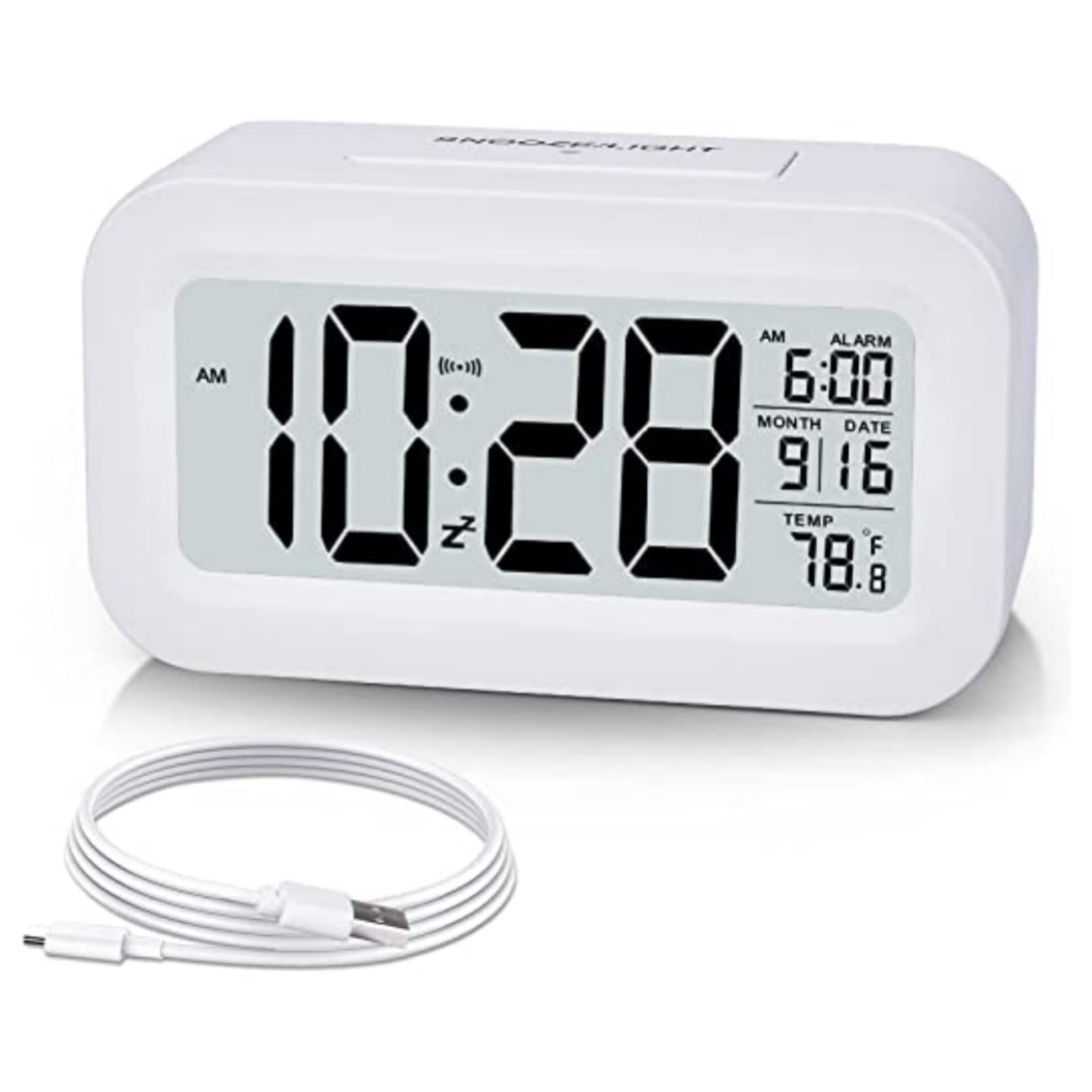 Alarm Clock by SZELAM, Small Digital Alarm Clock, 5.1 Inch LCD Display with USB Charger, Snooze, Minutes, Date Calendar, Temperature Alarm Display, Bedside Table, Easy Setup for Home Travel, Bedroom, Kitchen (White)