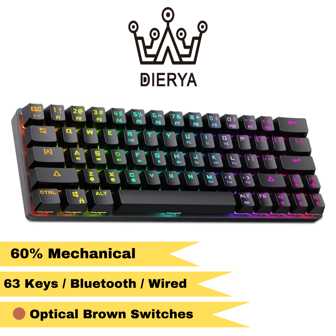 DIERYA DK63N 60% Mechanical Bluetooth, Wired Gaming Keyboard, RGB Backlit Bluetooth Keyboard w/Arrow Keys, 63 Keys Ultra-Compact Keyboard Full Keys Programmable for Windows Laptop PC Mac (Optical Brown Switch)