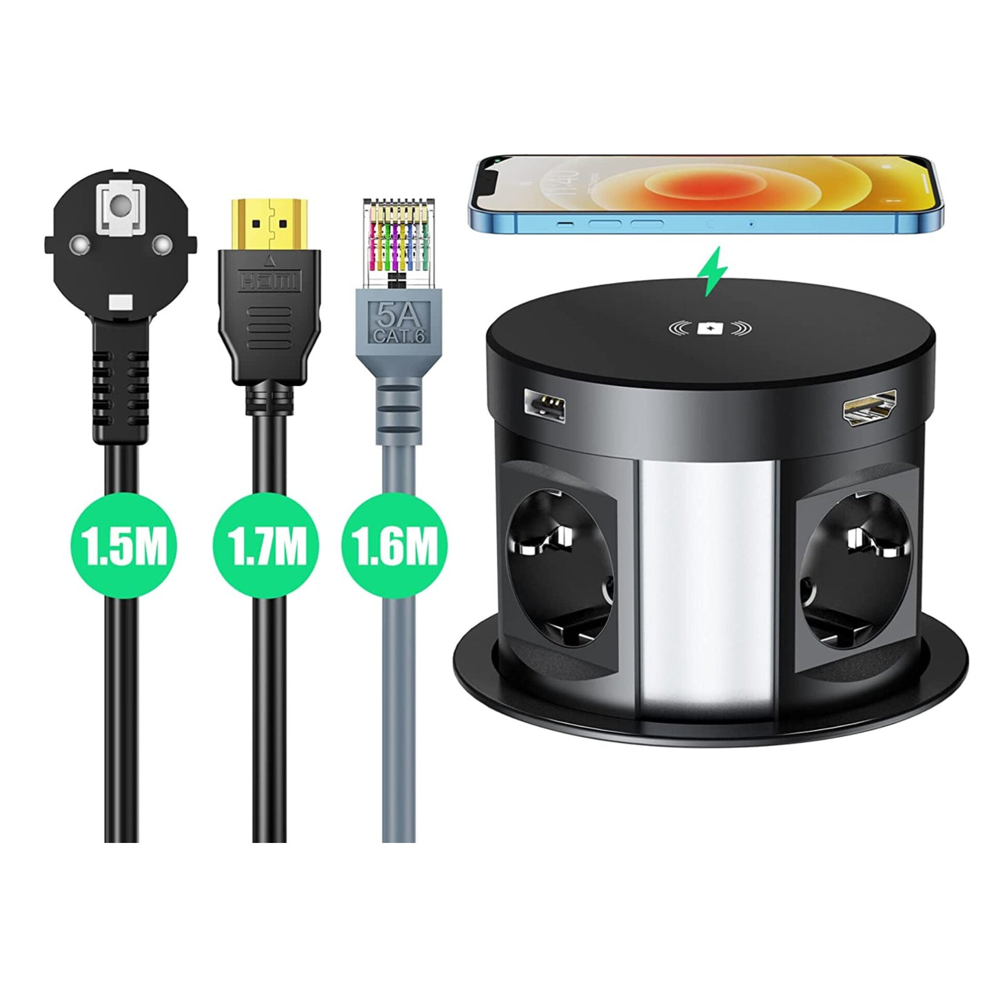 Retractable Socket Tower with USB, Retractable Table Socket, 4-Way Socket, Car Extendible Socket with Wireless Charger, 2 USB, 2 RJ45, 1 HDMI Network Connectors, 3680W/16A - Black