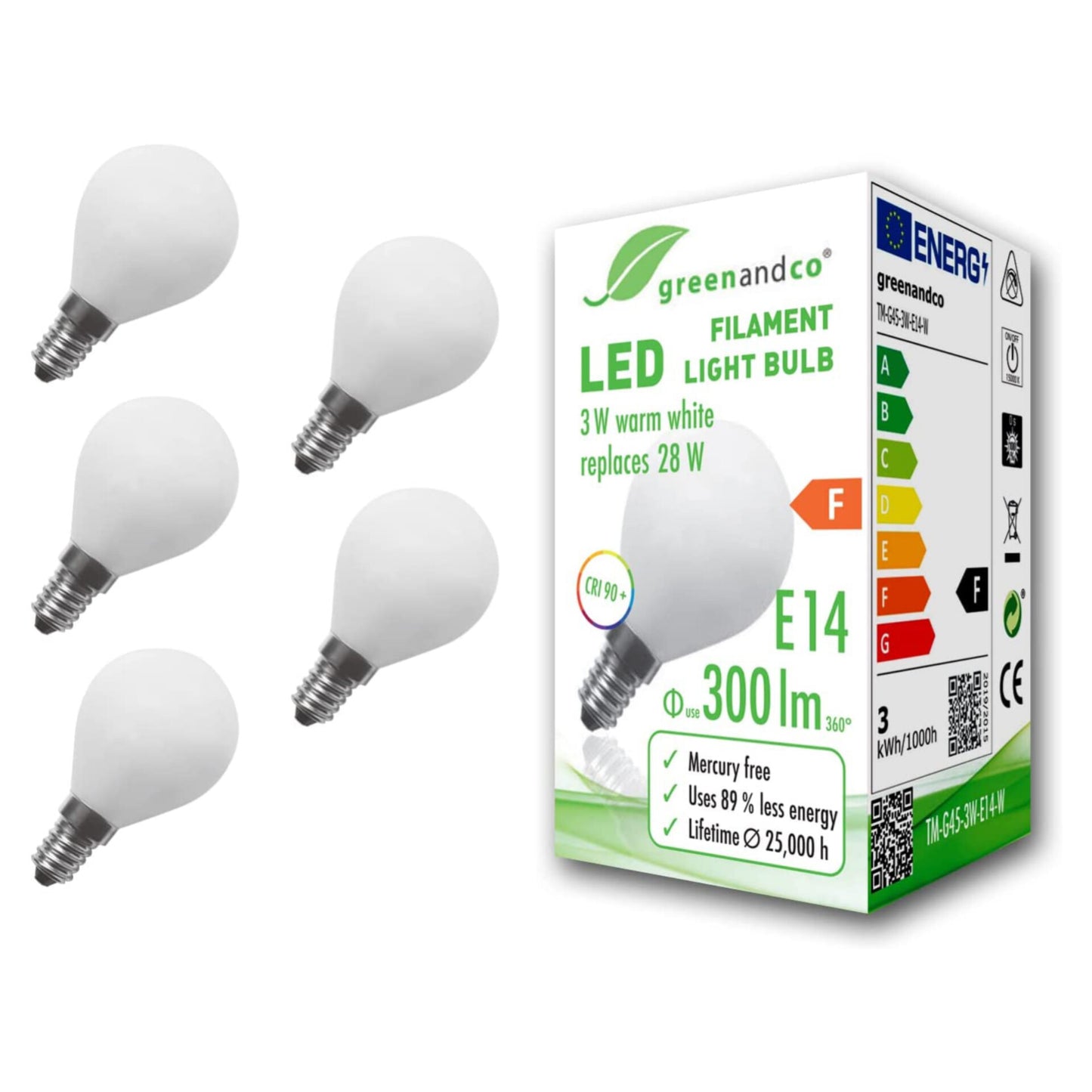 LED Light Bulb by GreenAndCo CRI 90+ Filament E14 G45 Globe, 3W 2700K Warm White 360 230V AC Glass Only, Not Dimmable, Flicker-Free