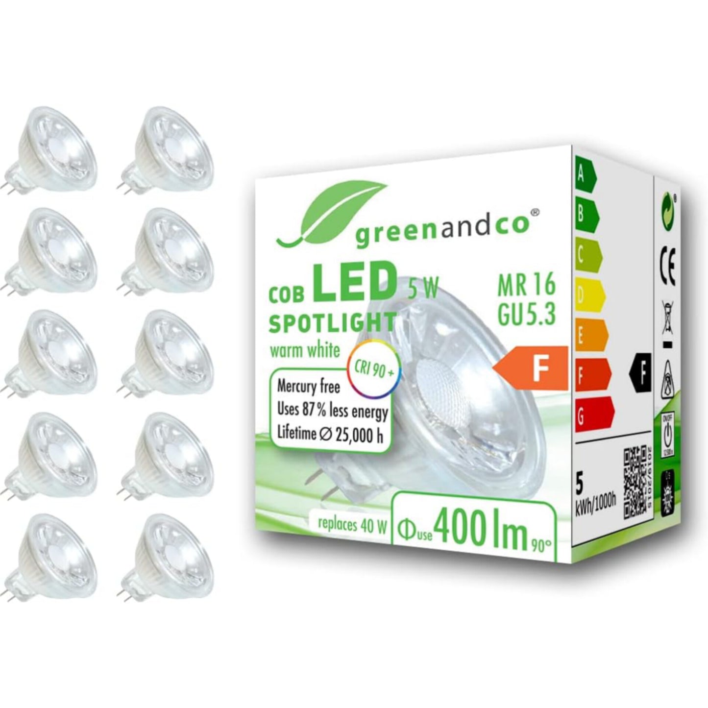 LED spotlights by greenandco. CRI 90+ MR16 GU5.3 LED Spot 5W Replaces 40W 400lm 3000K (Warm White)