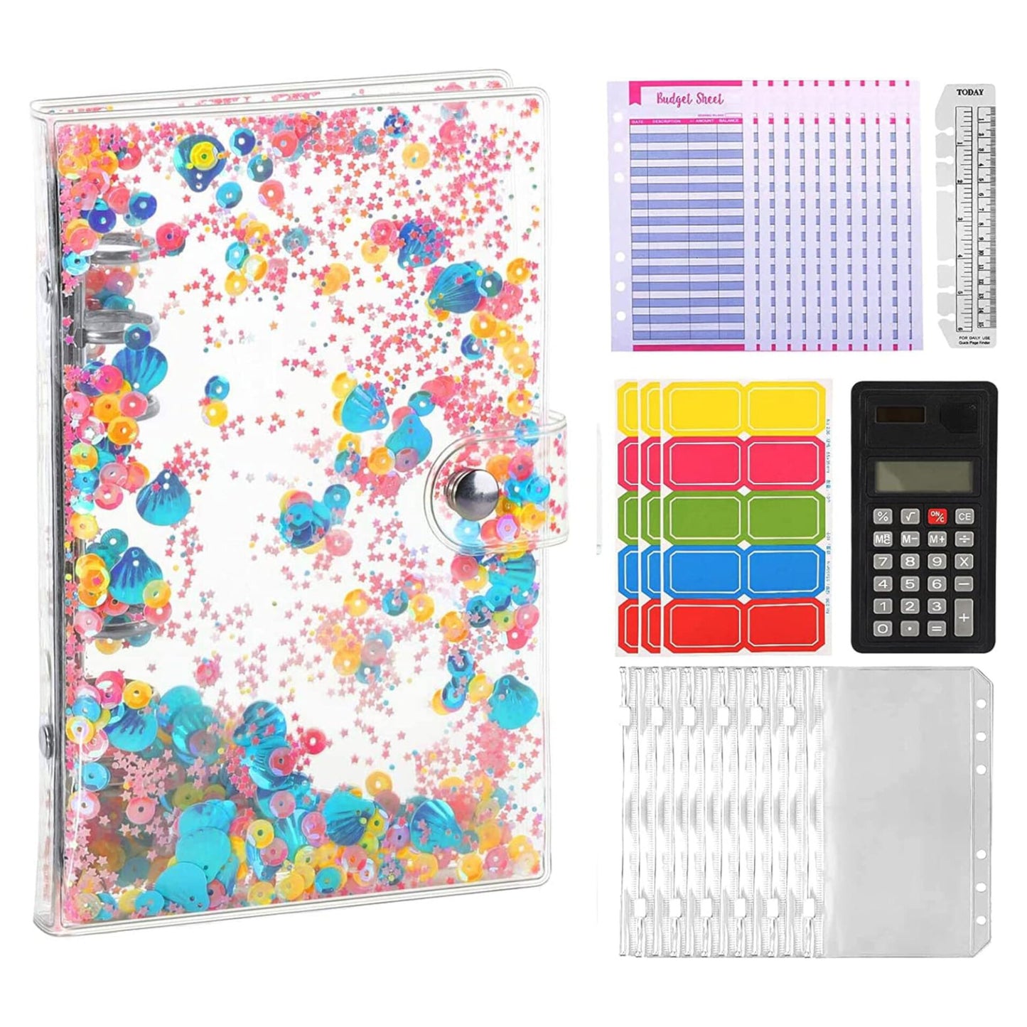 Budget Planner A6 Budget Binder Acemall 57 Pieces Ring Binder Planner Money Storage Notebook, Money Book with 12 Pieces Binder Pockets, Label Stickers, for Cash Envelopes, Travel and Diary