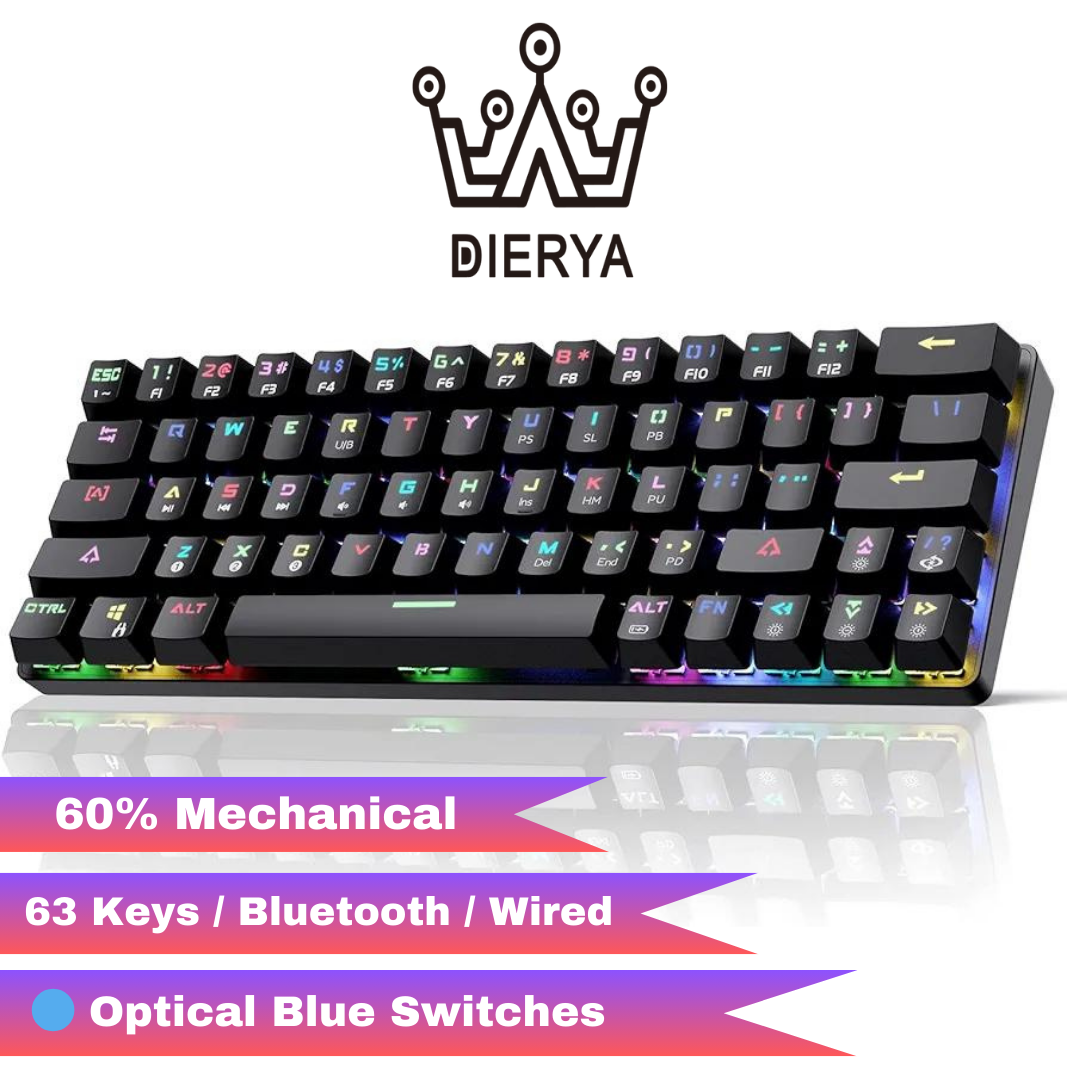 DIERYA DK63 60% Wireless Mechanical Keyboard, RGB Backlit Bluetooth Gaming Keyboard Wired Dedicated Arrow Keys, Compact 63 Keys Mini Keyboard, Full Keys Programmable - Blue Switch