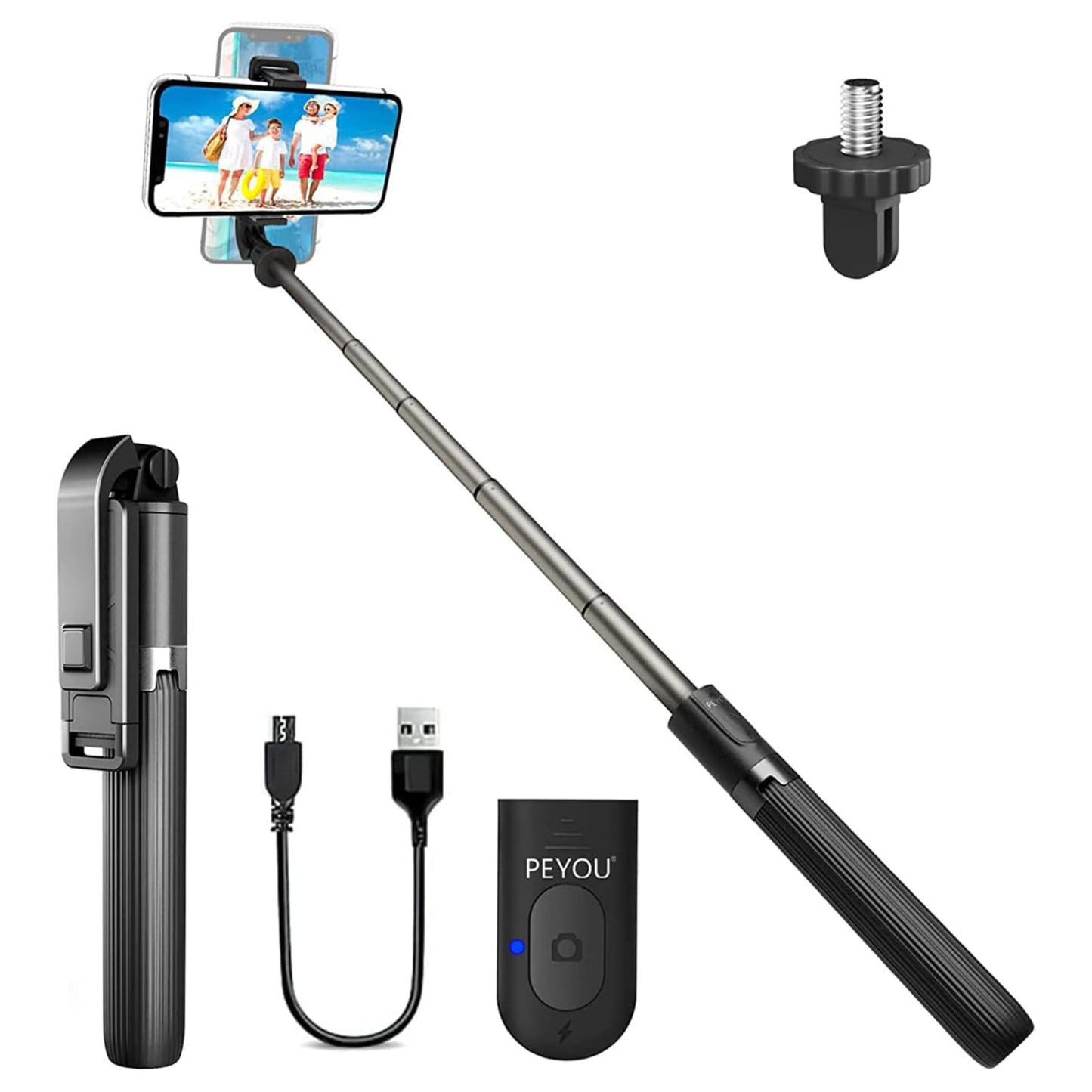 Selfie Stick Tripod by PEYOU, 4 in-1 Aluminum Extendable Selfie Stick Tripod with Remote, Portable Tripod for Cell Phone, Lightweight Phone Tripod Compatible with GoPro, Smartphone, Small Camera