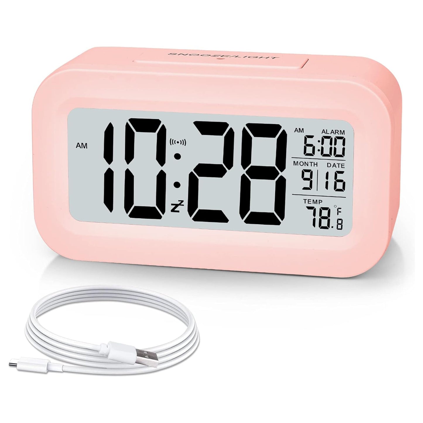 SZELAM Alarm Clock, Small Alarm Clock Digital, 5.1" LCD Display with USB Charger, Snooze, Minutes, Date Calendar Temperature Alarm Display Bedside Table Easy Setup for Home Travel Bedroom Kitchen (Pink)