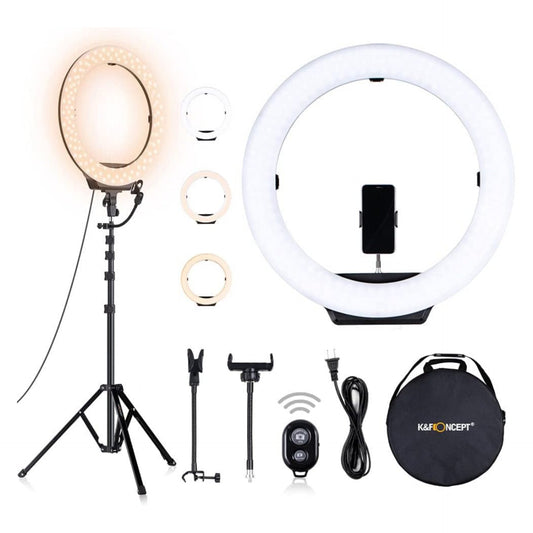 18-inch LED Ring Light By K&F Concept with 3 Cold Shoe Interfaces for Phones, Microphones and Power Bank, 2.37M Tripod Stand, Bi-color 3200-6500K Dimmable with Bluetooth Receiver for TikTok YouTube Video